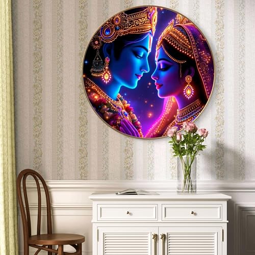 Image of Livin'luxe Radha Krishna Round Art Print with Golden Frame | Neon Glow HD Divine Art Print for Pooja Room Living Room Temple Decor (16x16 Inch) Art-GRM-202
