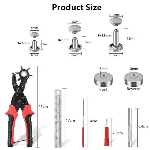 Miniatura 2 de Perforador de agujero para cinturón con 240 juegos de remaches de cuero, tamaños de agujeros actualizados para cinturón, correa de reloj, correa,