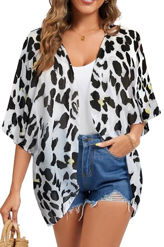 Image of FINOCEANS Womens Floral Chiffon Kimono Cardigans Loose Beach Cover Up Half Sleeve Tops