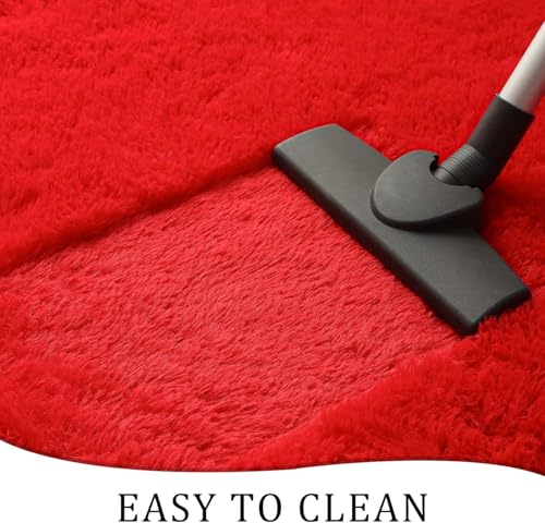 Image of Shaggy Round Area Rug - Soft Plush Circle Solid Color Carpet for Living Room, Bedroom, Kids Room - Fluffy Fuzzy Floor Mat for Home Decor (Red, 3x3 feet, Round)