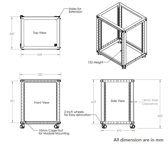 Image of Extreme Machines 19 Inch U Rack Mount Server Frame (12U Open Frame Floormount)
