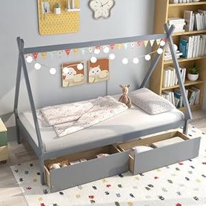 Komfott twin size house bed with 2 storage drawers wood platform bed frame with roof kids floor bed with storage no box spring needed grey  urban country home decor