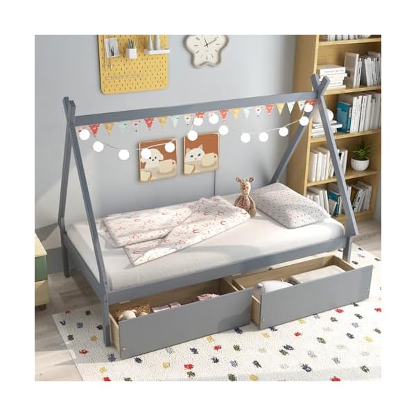 Komfott twin size house bed with 2 storage drawers wood platform bed frame with roof kids floor bed with storage no box spring needed grey  urban country home decor