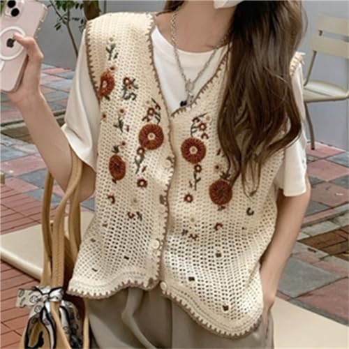 Womens Floral Print Sweater Vest Sleeveless V Neck Vintage Button Front Cardigan Crochet Crop Knit Vest Top2
