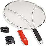 Chefast Splatter Screen Set: 13 Inches Stainless Steel Oil Splash Guard, Grill and Cooking Pan Scrapers, and Silicone Hot Handle Holder - Grease Screen for Frying Pans and Skillet