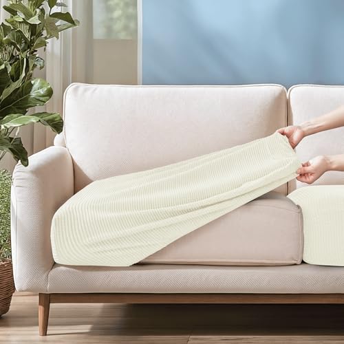 Image of CHUN YI Stretch Couch Cushion Cover Replacement, Fitted Loveseat Sofa Chair Seat Slipcover Furniture Protector, Checks Spandex Jacquard Fabric(2,Ivory White), 2