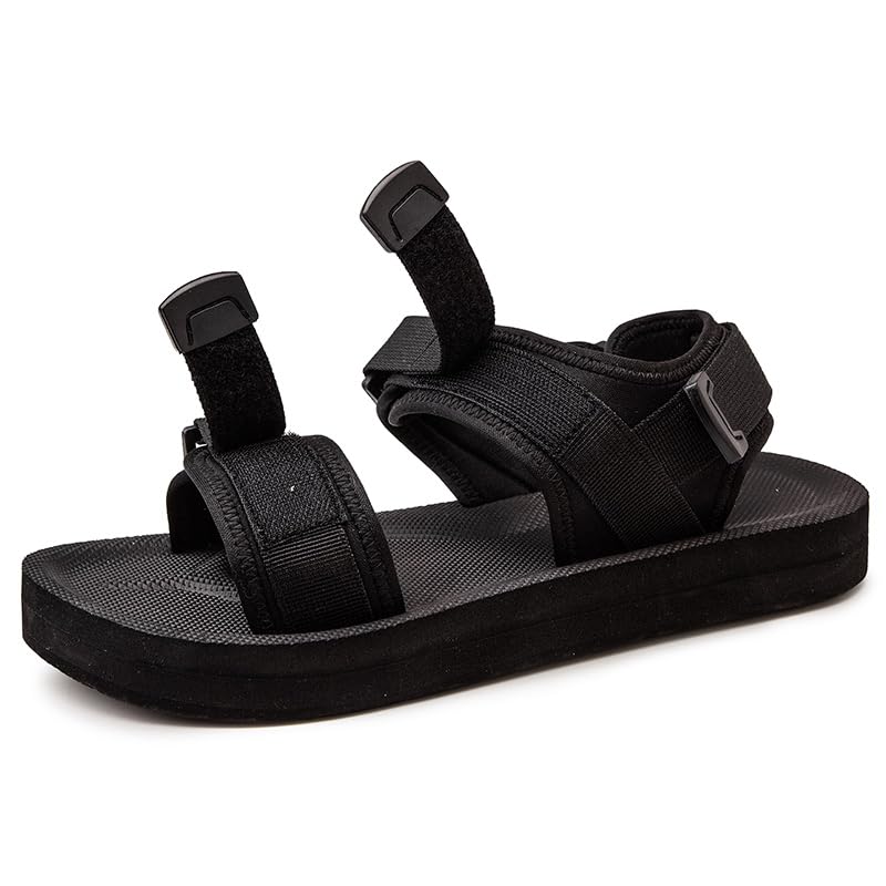 Men's Flat Sandals, Open Toe, Adjustable Straps, Non-Slip Sole, Black, Big Size