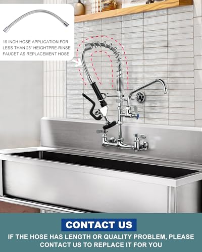 Image of 21 inch Height Commercial Faucet Wall Mount with Sprayer 8 inch Adjustable Center 10 inch Swing Spout, Kitchen Sink Faucets with Pull Down Pre-Rinse Sprayer for Restaurant Industrial Kitchen, Chrome