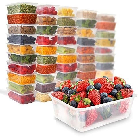 Zuvo 50 X Rectangular Microwave Plastic Food Container, Reusable Food Container Clear, 750 ml, Set of 50 Cover
