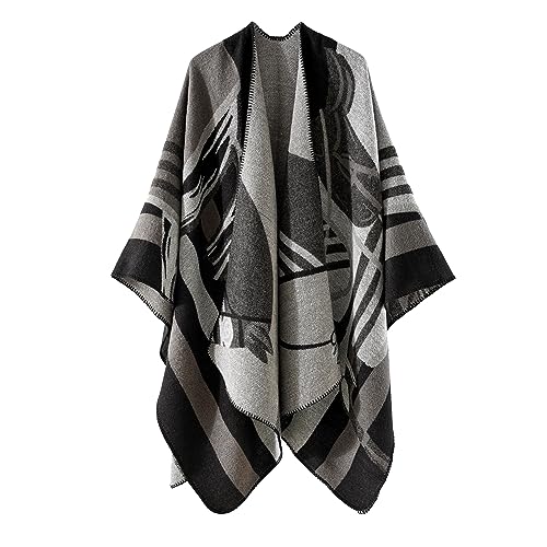 Shawl Wraps for Women, Elegant Knitted Cape Open Front Poncho Scarf Blanket Cardigan Coat for Spring, Autumn and Winter Black Beige