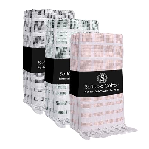 Image of Matrix Dobby Kitchen Towels Set of 12, 100% Cotton, Combo Pack, 16 inchx26 inch, Absorbent Tea Towels with Handmade Tassels, Reusable Cleaning Cloths - Beige, Forest Green, Grey