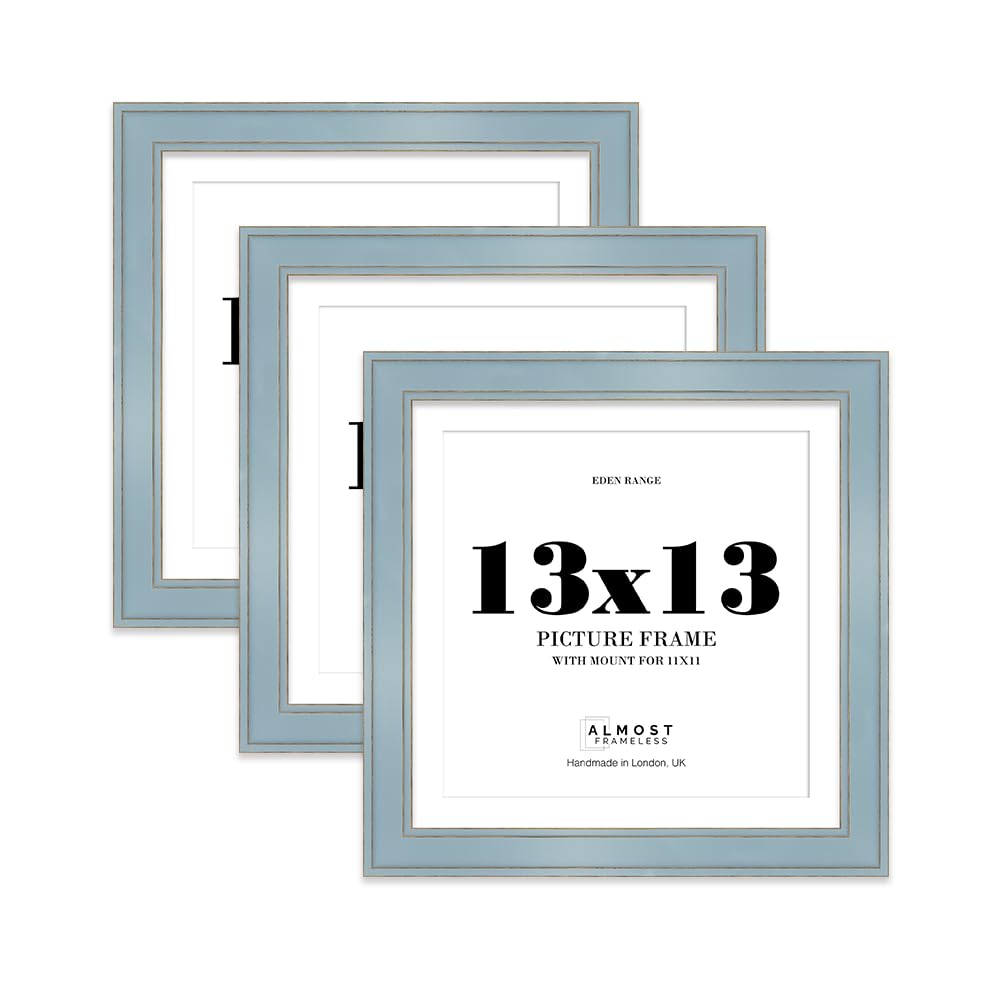13x13" Cornflower Blue Square Picture Frame with 11x11" Mount - Shabby Chic Photo Frame with Distressed Finish, Gold Trim, Wall Hooks, 37mm Edge - 3 Pack