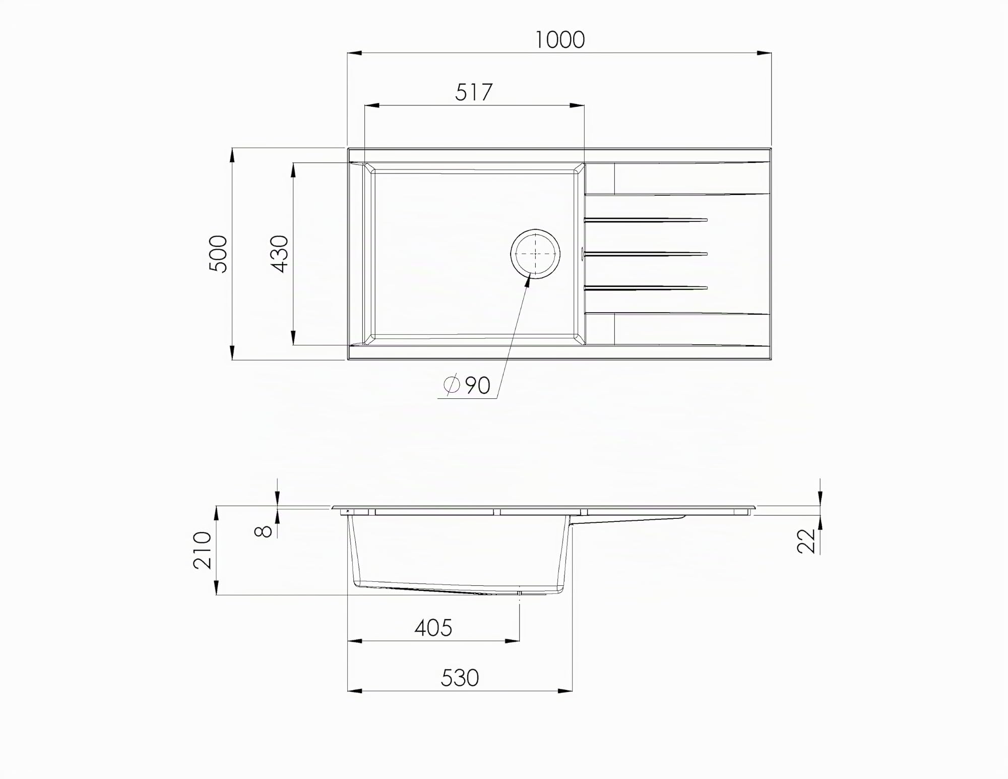 Respekta évier en matériau minéral Houston en noir/modèle encastrable 1 bac 100 x 50 cm/convient aux meubles sous-évier à partir de 60 cm de large / HOUSTON100X501BS