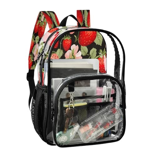 Strawberry Pattern Clear Backpack - Stadium Approved Large 15.7-inch Waterproof Transparent Bag for Sports, Concerts, Work, Travel#2812