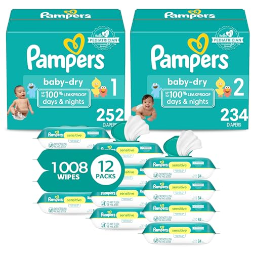 Image of Pampers Baby Dry Disposable Baby Diapers Starter Kit (2 Month Supply), Sizes 1 (252 Count) & 2 (234 Count), with Sensitive Water Based Baby Wipes 12X Multi Pack Pop-Top and Refill (1008 Count)