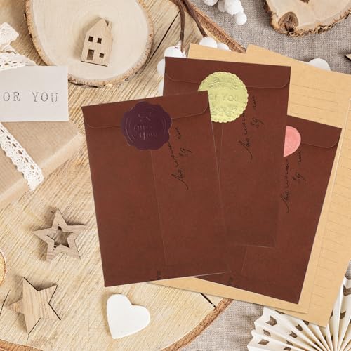 86 Stück Vintage Briefpapier mit Umschla,Set Vintage Schreiben mit 18 Rotbraune Vintage Papier Briefumschläge,50 Briefpapier Liniert und 18 Siegelaufkleber für Liebesbrief,Geburtstag,Weihnachten