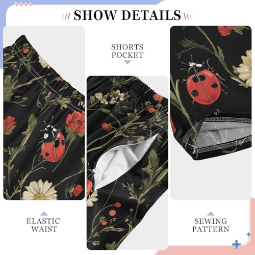 Boys' Pants Red Ladybug Leaves Flower Long Bottoms Jogger Pants Elastic Waist Trousers with Pockets S-XL4
