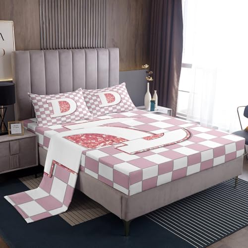 Image of Erosebridal Pink Initial D Bedding Set Full Kawaii Plaid Checkered Bed Sheets Cute Personalized Monogram Sheet Set Kids Girls Teen Women,Fashion Grids Gingham Fitted Top Sheets 4 Piece