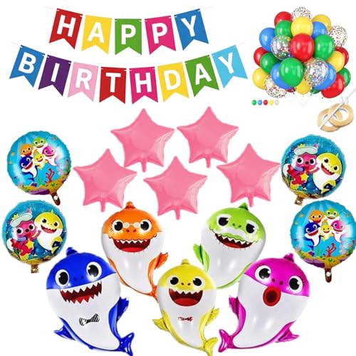 Shark Birthday Decorations Balloon Kit 52 PCS Shark Balloons XL 26 with Happy Birthday Banner Star Foil Balloons and Latex Balloons for Kids Ocean Theme Birthday Party Supplies