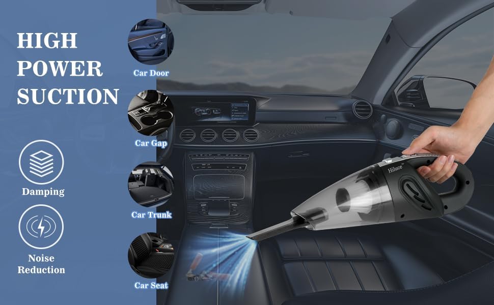Miniatura 9 de Hiluce Potente y portátil aspiradora inalámbrica para húmedo y seco, recargable por USB con succión de 9000 pa, kit de accesorios de automóvil para