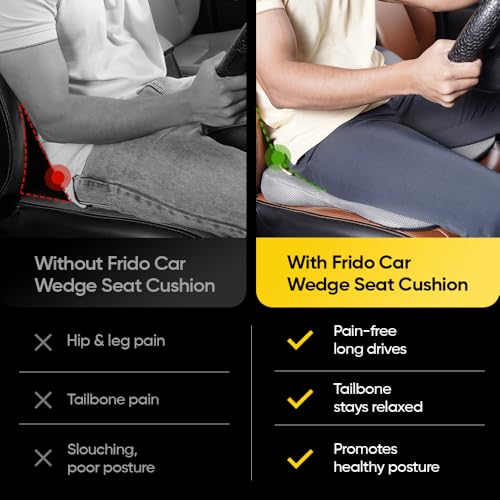 Image of Frido Ultimate Car Wedge Seat Cushion | Memory Foam Cushion with Coccyx Tailbone Cutout | Relieves Hip Pain & Tailbone Pain, Lower Back Pain | Weight <120 kg | Grey (Pack of 1)