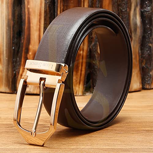 Image of LOUIS STITCH Men's Brown Italian Leather Belt 1.25 inch (35mm) Handmade Formal Stylie Waist Strap with Golden Buckle Belt for Men Gents Boys (RP-BR-TG-GD)