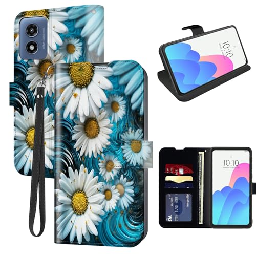 FUYOCWE for Moto G Play 4G 2024 Case Wallet for Motorola Moto G Play 4G 2024 Phone Case with Card Holder,PU Leather Kickstand RFID Blocking Magnetic Snap Flip Cover-White Daisy Flolwers