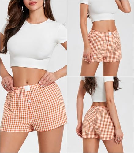 Image of Women Pajamas Shorts Y2k Elastic Waist Plaid Boxer Shorts Cute Gingham Sleep Lounge Bottoms