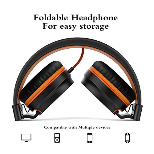 Elecder i36 Kids Headphones Children Girls Boys Teens Foldable Adjustable On Ear Headphones 3.5mm Jack Compatible iPad Cellphones Computer Kindle MP3/4 Airplane School Tablet Black/Orange - Thumbnail 3