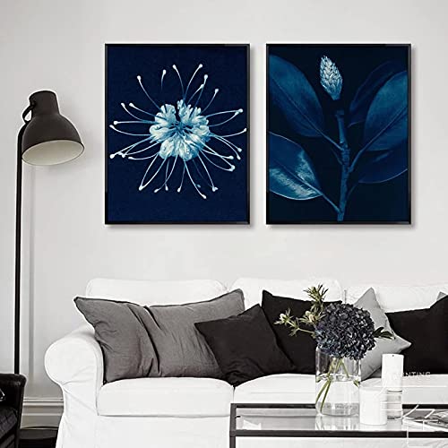 Affiches bleu nordique de fleurs et feuilles lot de 2 toiles murales 45x60cm pour salon