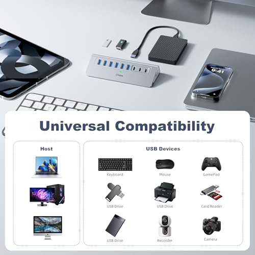 Image of Powered USB Hub 10Gbps, intpw YH6AC 9-Port USB 3.2 /USB C Hub with USB A /USB C 3.2, 4 USB 3.0, 2 PD 45W Charging Port, 65W Power Adapter + 5FT Cable, Aluminum USB Hub for PC, iPhone 17 /16 /15 /Laptop