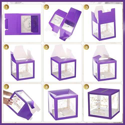 Image of Pajean 50 Pcs Greenery Share a Memory Card for Celebration of Life Cards Box with Clear Windows Memory Box for Funeral Wedding Birthday Graduation Bridal Shower Guest Card Ideas(Clear,Purple Gold)