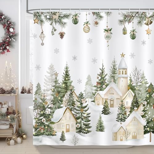 COZZSNUGE Farmhouse Christmas Shower Curtain Snowy Xmas Village Cabin Pine Tree Winter Shower Curtain for Bathroom Waterproof Polyester Fabric with 12 Hooks 72 x 72 Inches