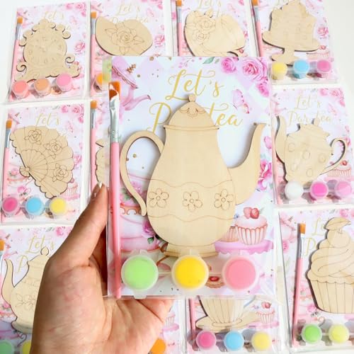 Moltby 12 Pack Tea Party Favors for Girls Floral Themed DIY Wooden Painting Craft Kits Individually Wrapped Goodie Bag Fillers Par-tea Birthday Party Decorations & Supplies