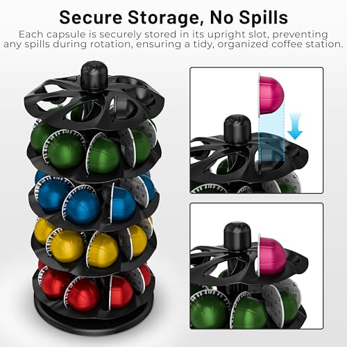 Image of EVERIE Coffee Pod Holder for Vertuo Capsules, 40-Pod Rotating Carousel Organizer, Space-Saving Countertop Display, Smooth Spin & Secure Upright Slots, Fits All Vertuo Sizes (Black)