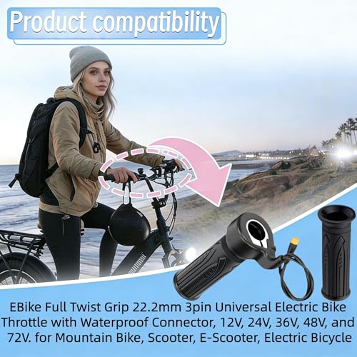 Image of 20X Full Twist Throttle Grip for Ebike 12V-72V, 3pin Waterproof Connector | 7 /8-inch 22.2mm Handlebar, Compatible with Electric Bicycle, Scooter, Mountain Bike