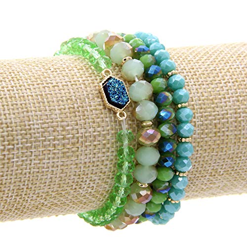Image of Gold Beaded Bracelet Set, Square Stone Hexagon Druzy Stretch Beaded Stackable Bracelets Bangles