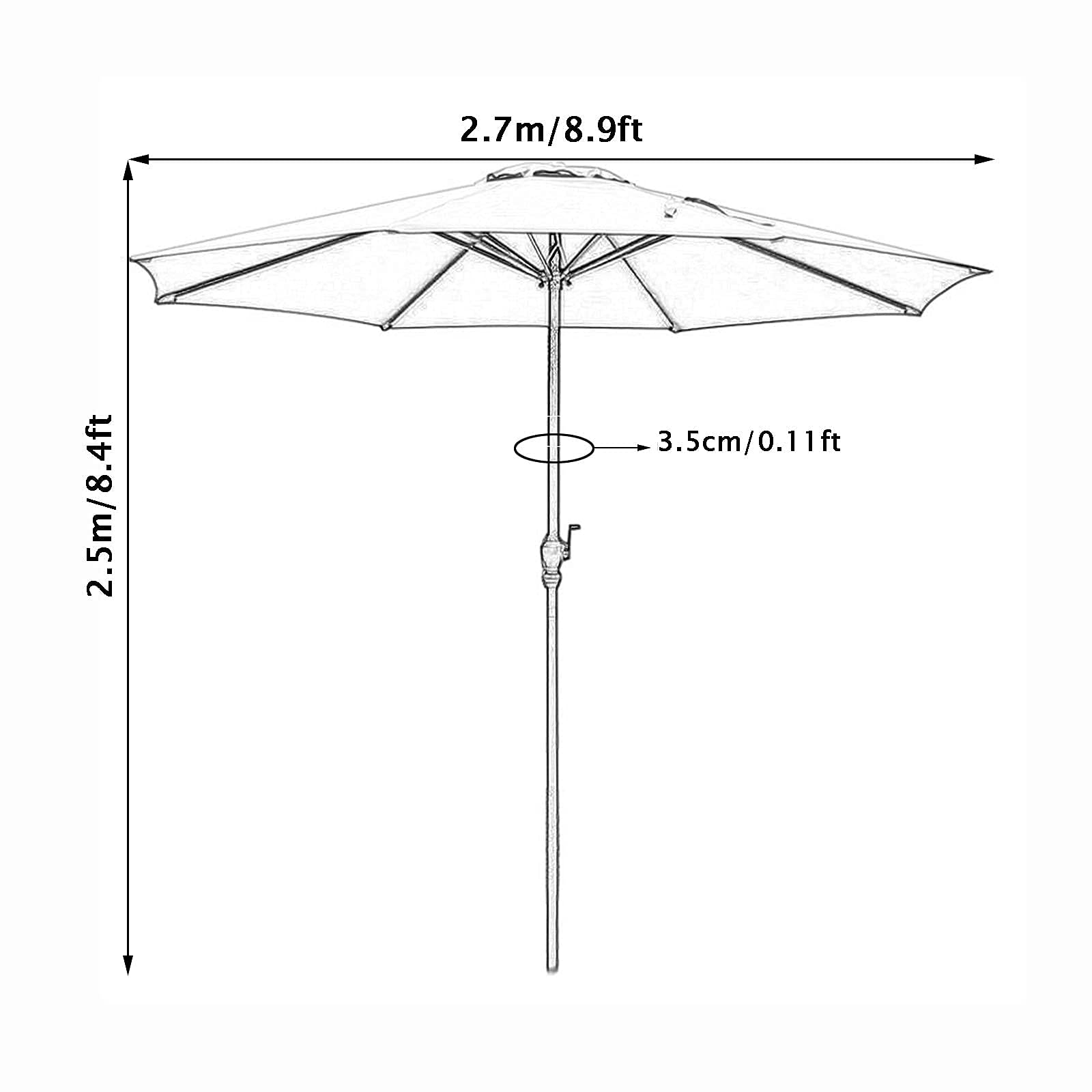 Parasol ogrodowy, duży parasol, parasol tarasowy, żelazny słup, używany na zewnątrz, w ogrodzie, na balkonie itp., 2,7 m