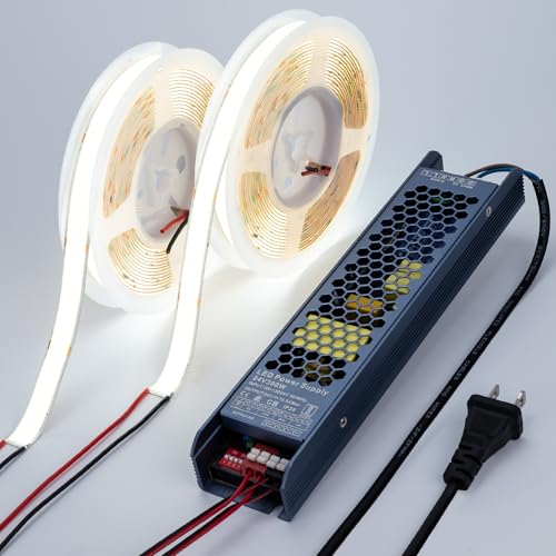 Image of BENLUN 24V 15mm Wide 250W Super Bright COB LED Strip Lights 32.8ft Kit | 6000K Cool White 2 Rolls of 16.4ft LED Tape Light 27500lm CRI 92 with Power Supply for Indoor Decorative Lighting