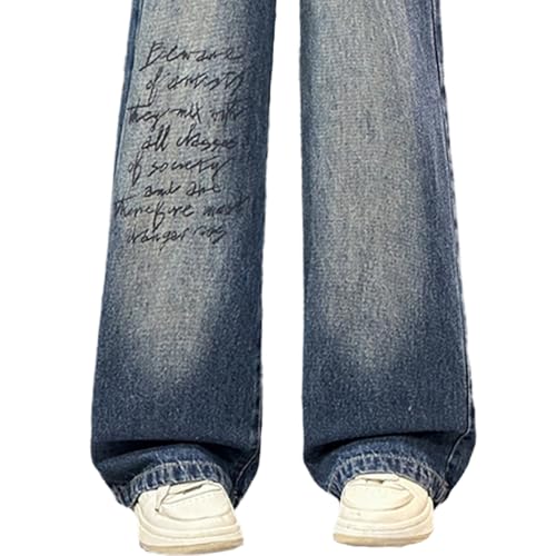 Tween Girls Baggy Jeans Letter Printed and Star Embroidered, Wide Leg Elastic Waist Denim Pants with Back Pockets4