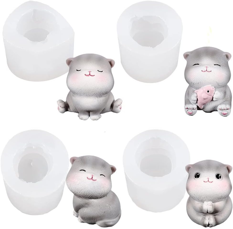 動物テーマケーキフォンダン型4個-3Dミニ猫型シリコンモールド チョコレートキャンディ、ポリマー粘土、石鹸、樹脂型、石膏キャンドルク