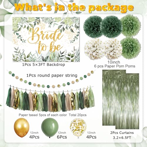 Generic Bridal Shower Decorations Sage Green Bride to Be Banner Bridal Shower Balloons Tissue Paper Pom Poms Fringe Curtain Bride to Be Party Supplies for Wedding Bachelorette Party Decorations - Image 3