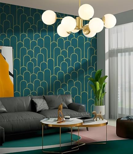 Image of Veki Luxury Floral & Botanical Geometric Wallpaper Mural - Waterproof, Moisture-Proof, Self-Adhesive PVC Wall Sticker for Home & Hotel Decoration (45cm x 300cm) (Green Curve)