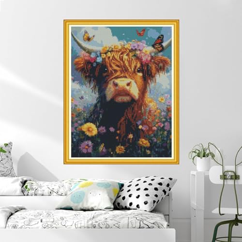 Image of MYBISYMQQ Highland Cow Cross Stitch Kits for Adults Beginners - 11CT Stamped Floral Cow & Butterfly Embroidery Kit, DIY Pre-Printed Needlepoint Patterns for Home Wall Art Decor, 15.7x11.8 Inches