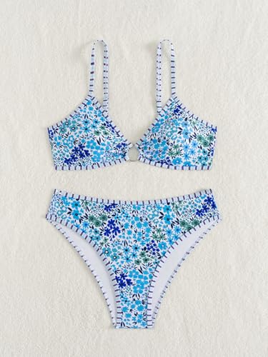 Image of Fanuerg Women's Triangle Bikini Sets O Ring Linked Two Piece Swimsuits Floral Printed Cheeky Bathing Suit