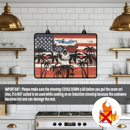 Image of Skull Palm Tree Fireproof Stove Top Covers for Electric Stove, Waterproof & Heat Resistant Mat for Glass Top, Induction Cooktop Protector Home Kitchen Decor