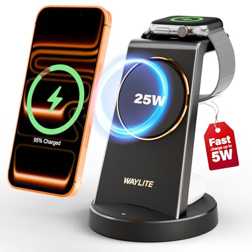 Image of 3 in 1 Fast Charging Station for iPhone, 25W Wireless Magnetic Phone Charger for iPhone 17 16e 16 15 14 13 12 Serise, Watch Charger Stand, Wireless Charging Station for AirPods 4 3 Pro, Black