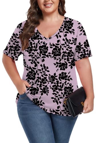 Image of ForHailey Women's Plus Size Short Sleeve Tee Shirt V Neck Basic Ladies Loose Fit T Shirt 1X-5X