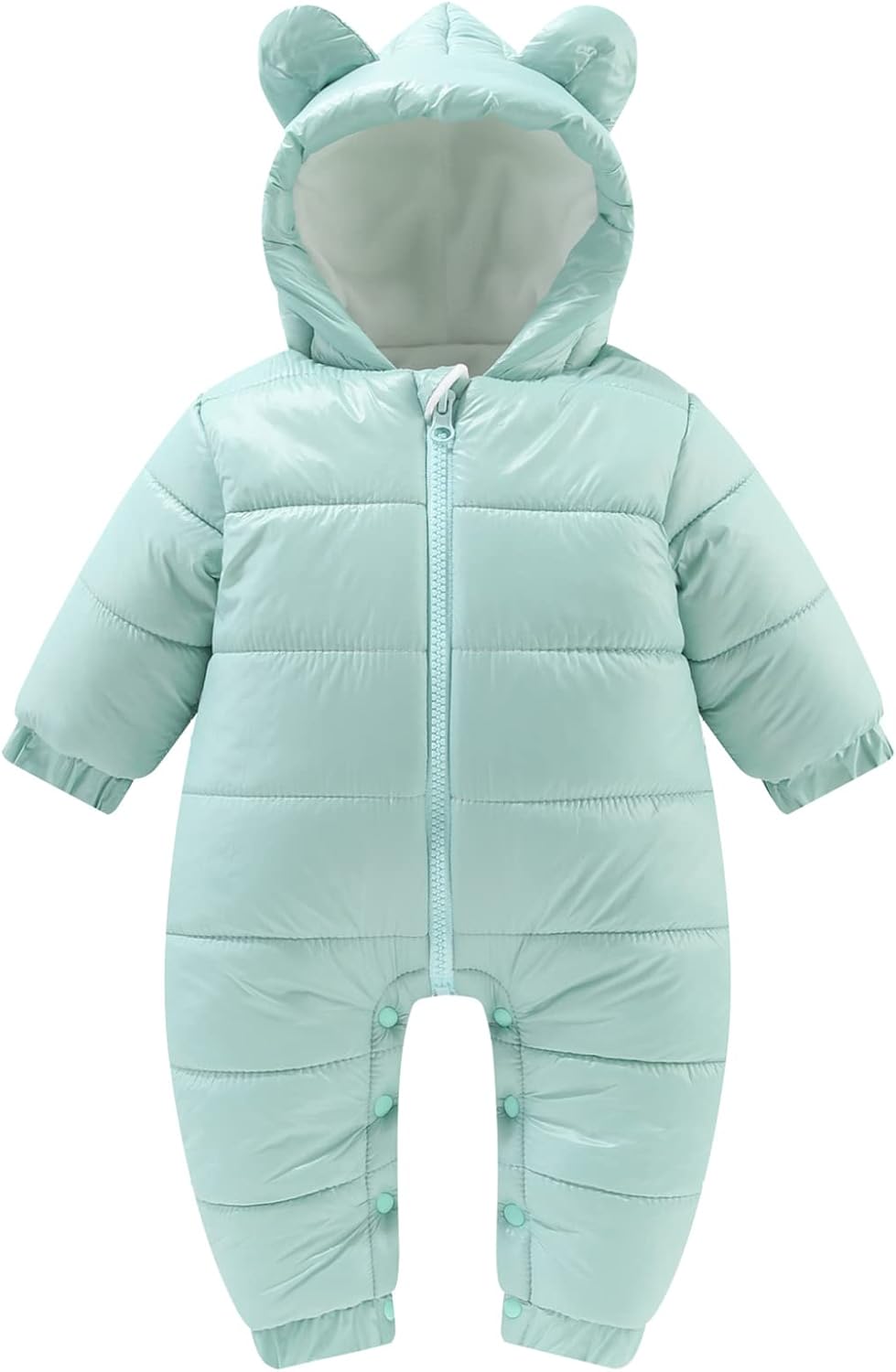 Panegy Baby Boy Girl Snowsuit with Cute Bear Hoodie Zipper Thick Onesie Romper Winter Jumpsuit Light Green 3-6 Months