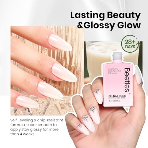 Image of Beetles Milky White Gel Nail Polish - 15ML Full Size HEMA-Free Jelly Natural Nude Gel Polish Nail Concealer Sheer Translucent Effect Soak Off UV Nail Art Manicure Gift for Women